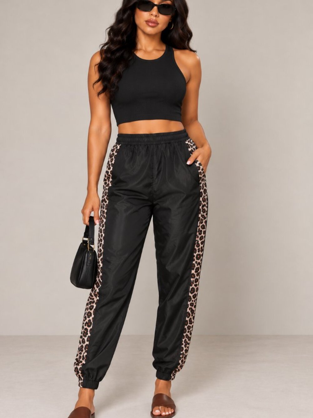 NWT Black Leopard Side Stripe Windbreaker Jogger Pants
